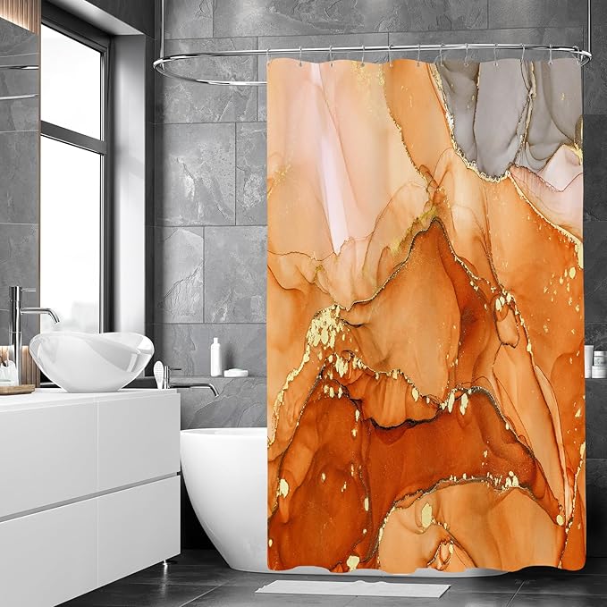 Orange Marble Shower Curtain, Burnt Orange Modern Abstract Fabric Shower Curtains for Bathroom, Luxury Art Ink Texture Watercolor Shower Curtain Set with Hooks 72x72