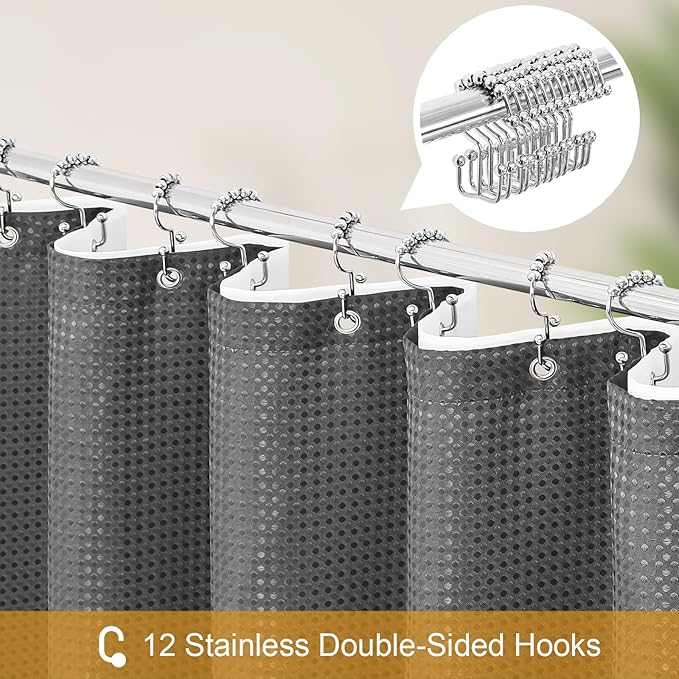 3 in 1 Stall Half Size Charcoal Grey Shower Curtain Set-36 W x 72 H, Modern Waffle Waterproof Fabric and PEVA Liner Set with Stainless Steel Hooks