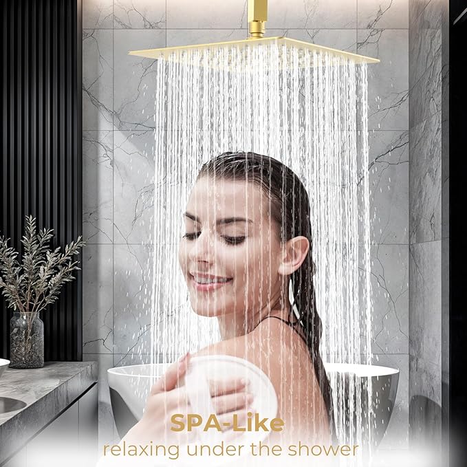 10 Inch Rain Shower Head, Square Rainfall & High Pressure, 304 Stainless Steel, 1/16" Ultra Thin, Waterfall Full Body Coverage with Silicone Nozzle, Brushed Gold