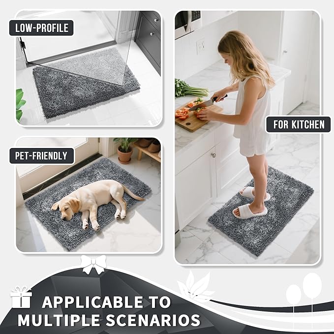 Yimobra Chenille Bathroom Rugs Non Slip, Extra Thick Soft Absorbent Bath Rug, Machine Washable Quick Dry Bath Mat for Bathroom Floor, Tub and Shower, Home Decor Accessories, 24x17, Silver
