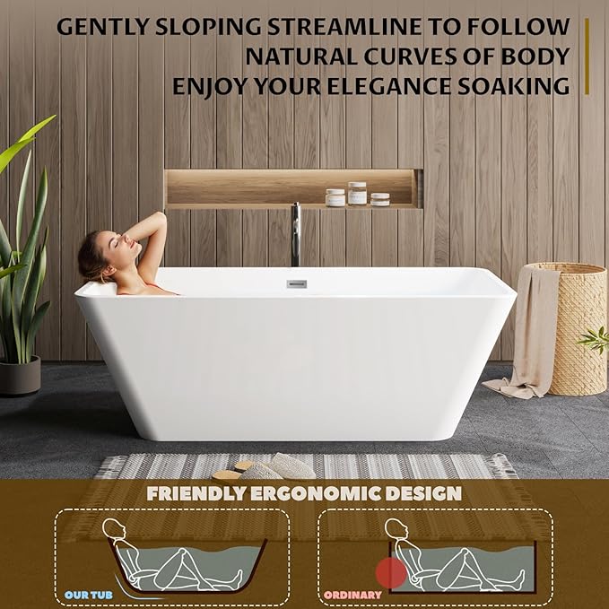 59" Freestanding Bathtub，Acrylic Deep Soak Tub, Glossy White, Easy Install with Overflow & Drain