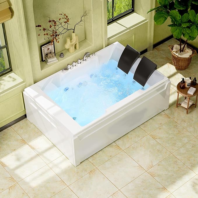 Empava 72" x 48" Whirlpool Tub, 2 Person Jetted Bathtub, Hydro Massage & Chromatherapy [ETL Certified], 3 Sided Apron, Acrylic , 1125 Watt, 110 Gallons, Left Drain