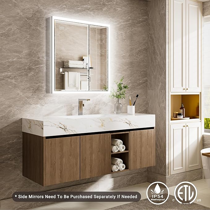 30x32 Beveled Lighted Medicine Cabinet with Mirror & Lights, Surface or Recessed Mirrored Medicine Cabinet with Outlet & Clock, Anti-Fog Dimmable LED Storage Cabinet, Built-in Sensor Light