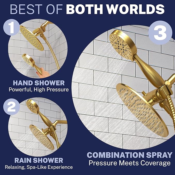 HammerHead Showers® Solid Metal Dual Shower Head Combo – BRUSHED GOLD – 8 Inch Rainfall High Flow Shower Head & 3-Flow Handheld Shower Head High Pressure with Hose 6ft - Luxury Double Shower Heads