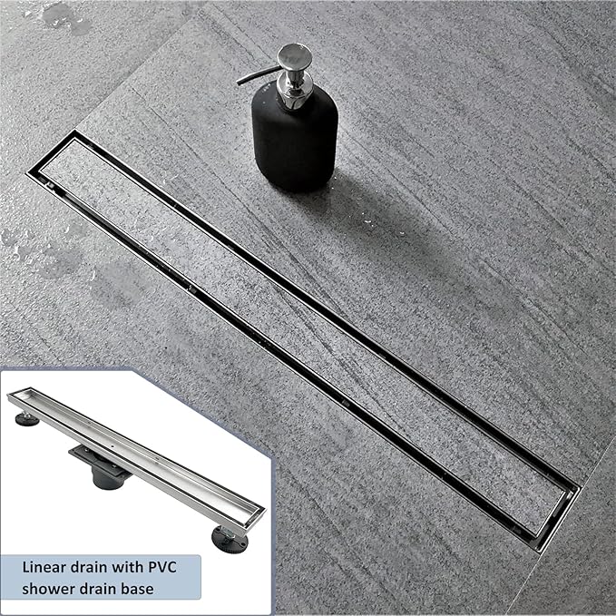 Neodrain 18-Inch Linear Shower Drain, Brushed 304 Stainless Steel, Silver, Modern Style, Removable Grate, Adjustable Feet, 2" Central Outlet, 36 L/min Flow, Fits US No-Hub Drain Base System