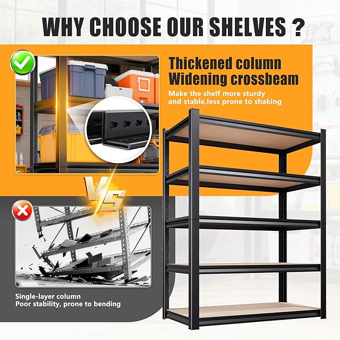 45.6" W Garage Shelving Heavy Duty 5-Tier Storage Shelves, Home Storage Shelf, Adjustable Metal Shelving Unit, for Pantry, Kitchen, Basement, Warehouse, 45.6" Wx17.7 Dx71.2 H, Black
