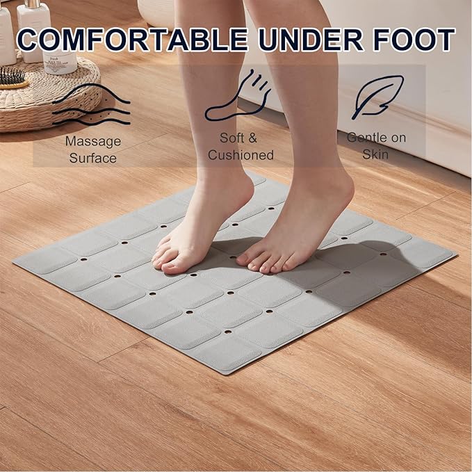 Anti Slip Shower Mat for Tub & Shower Stall, 21" x 21" Square Silicone Bathtub Mat with Powerful Suction Cups, Fast-Draining, Machine Washable Soft Foldable Bathroom Mat, Grey