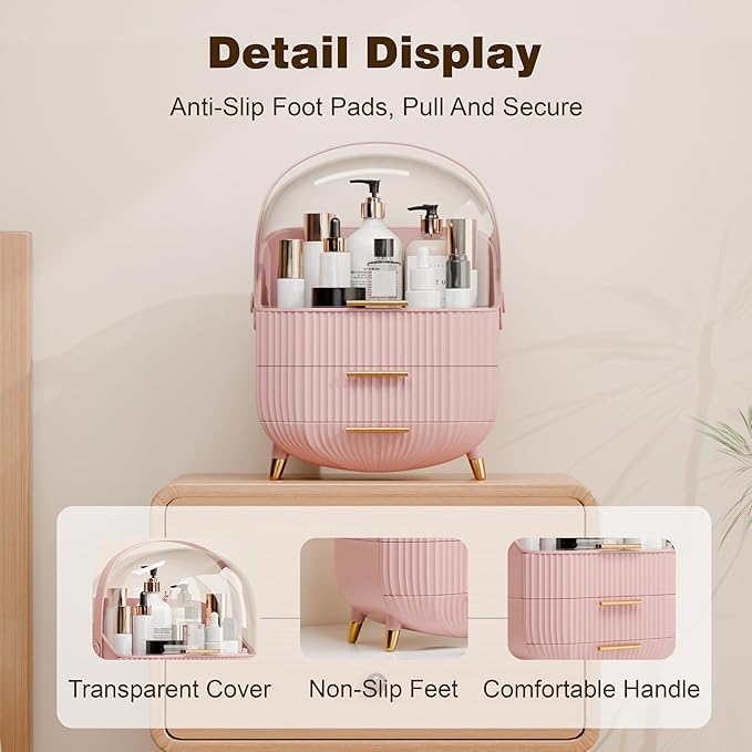 Makeup Organizer for Vanity Cosmetics Skincare Organizers with Lid and Drawers Display Cases for Countertop (Pink)