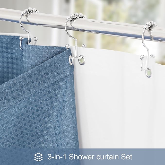 3 in 1 Shower Curtain Set, Moonlight Blue Waffle Shower Curtain and PEVA Liner Set with 12 Stainless Steel Shower Curtain Hooks, Fabric Cloth Shower Curtains for Bathroom, 72 W x 72 H
