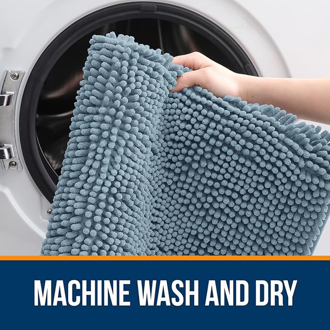 OLANLY Bathroom Rugs 44x24, Extra Soft Absorbent Chenille Bath Rugs, Rubber Backing Quick Dry, Machine Washable Bath Mats for Bathroom Floor, Tub and Shower, Home Decor Accessories, Airy Blue