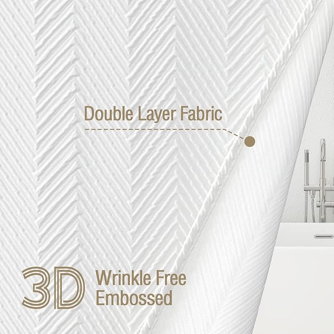 Gibelle Small Stall Shower Curtain 36 x 72, Narrow Half 3D Embossed Textured White Fabric Shower Curtain, Modern Farmhouse Herringbone Decorative Bathroom Shower Curtain Set with Hooks