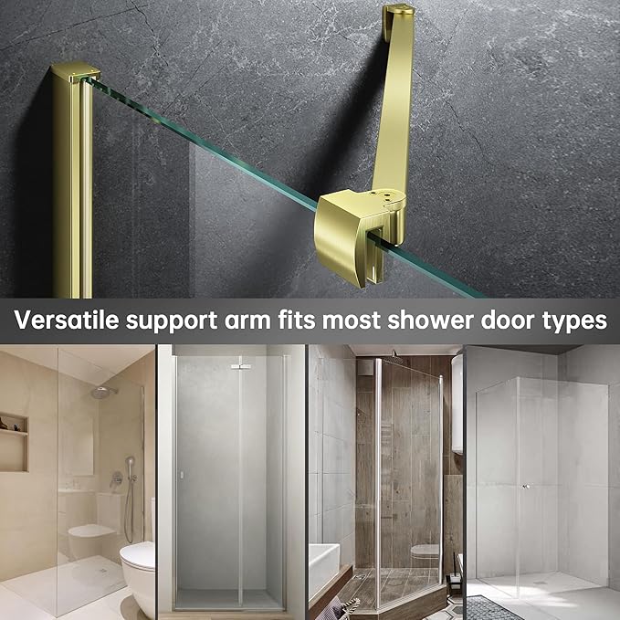 Frameless Shower Door Support Bar, Stainless Steel Wall-to-Glass Support Arm to Fixed Shower Glass Panel, for 1/4"-3/8" (6-10 mm) Door, 180° Pivot & Stow-Flat Mode (Brushed Gold, 51.2-inch(1300mm))