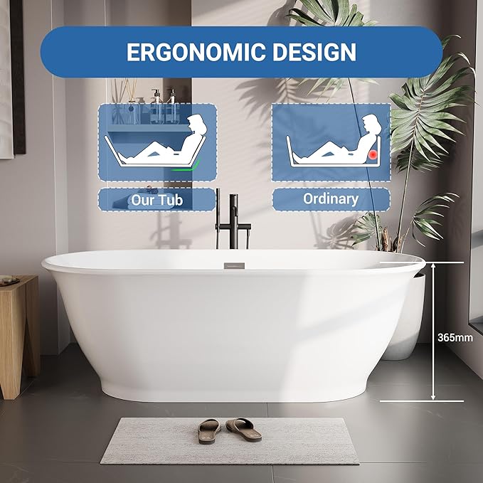 Freestanding Bath Tub 59 Inch Acrylic Oval Soaking Tub – Extra Large Freestanding Bathtub for Modern Bathroom Remodel, Stand Alone Soaking Tub for 1–2 People, Integrated Overflow, Glossy White Finish
