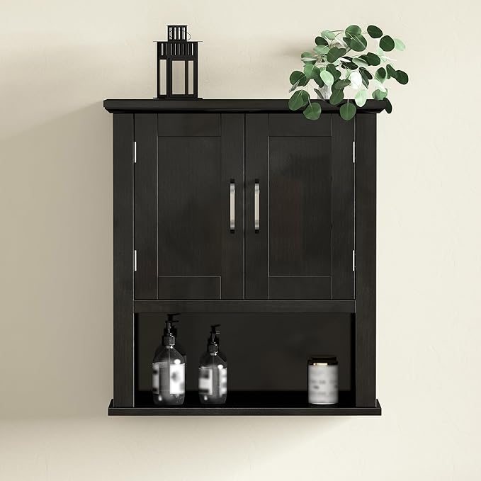 ChooChoo Wood Wall Cabinet with Doors, Medicine Cabinet with Adjustable Shelves Over The Toilet, Hanging Cabinet Wall Mounted for Bathroom, Kitchen, Living Room, Black