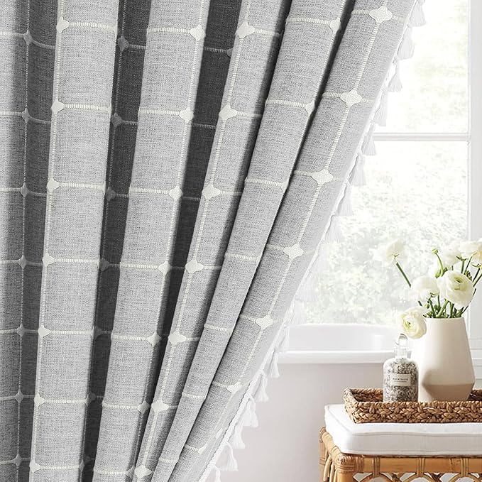 MitoVilla Grey Boho Extra Long Shower Curtain 72 x 84, Light Grey Modern Farmhouse 84 inch XL Polyester Linen Texture Tassel Fabric Shower Curtain Set with Hooks for Cottagecore Country Bathroom Decor