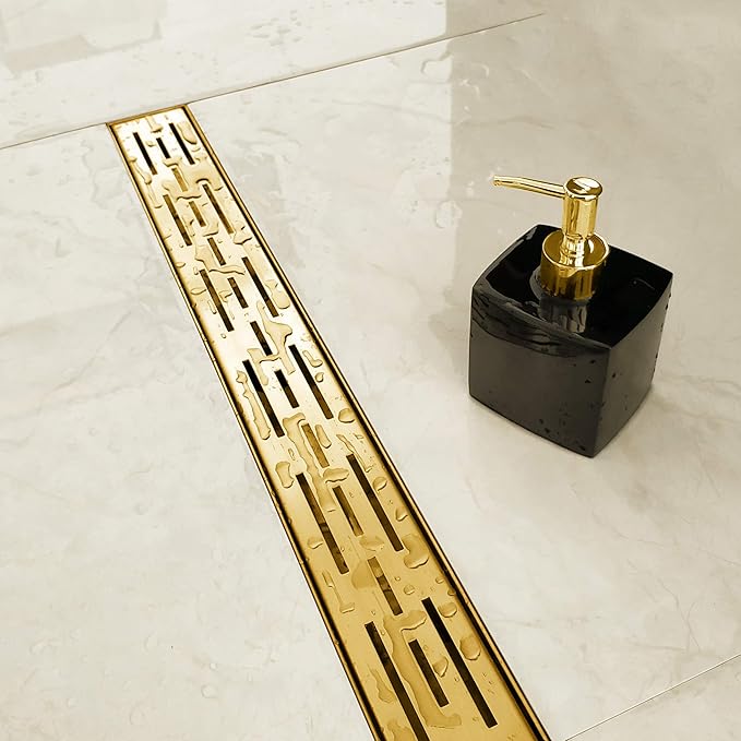 Neodrain 24-in Brushed Brass Rectangular Linear Shower Drain with Brick Pattern Grate, 304 Stainless Steel Bathroom Floor Drain, Gold Linear Drain with Hair Strainer,CUPC Certified