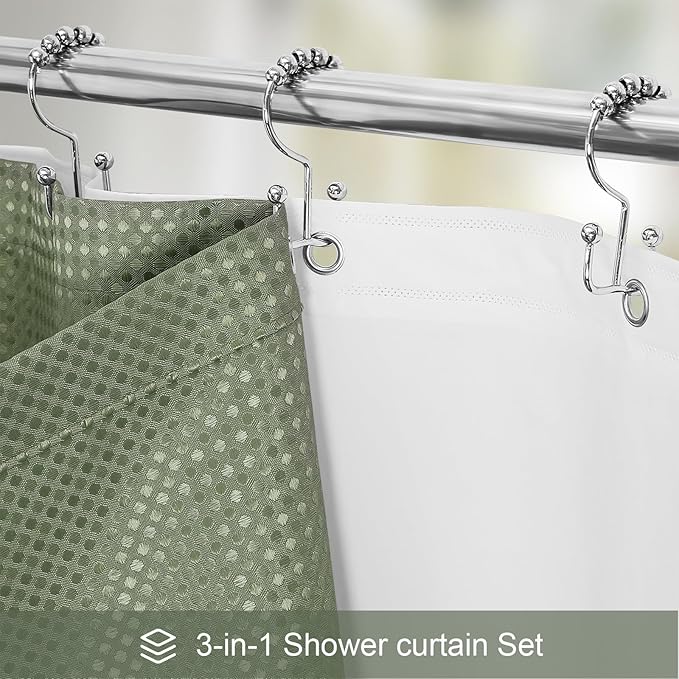 3 in 1 Shower Curtain Set, Sage Green Waffle Shower Curtain and PEVA Liner Set with 12 Stainless Steel Shower Curtain Hooks, Waterproof Fabric Shower Curtains for Bathroom, 72 W x 72 H