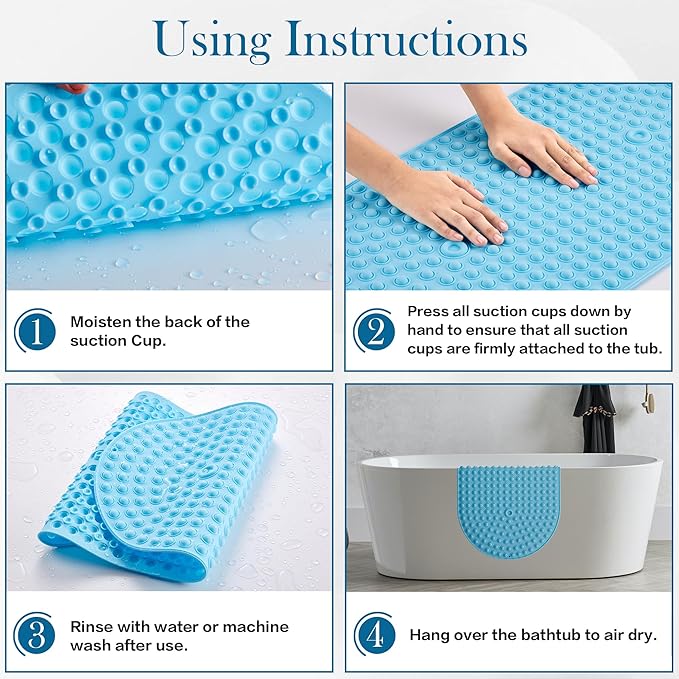 Silicone Bathtub & Shower Mat Non Slip, Bubble Massage Anti Slip Shower Floor Mat with 27 x 15 Inches for Easy Storage, Machine Washable Bath Mat for Tub with All Ages, Blue, Oval
