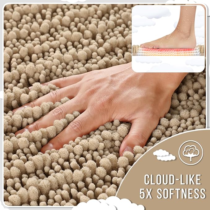 Yimobra Bathroom Runner Rug 55x24 Inch - Extra Long Non Slip Chenille Bath Mat, Soft & Absorbent, Machine Washable Shaggy Hallway Carpet for Vanity Tub Shower, Camel Home Decor Accessories