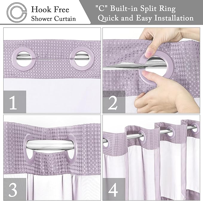 Gibelle No Hook Waffle Weave Shower Curtain with Snap-in Fabric Liner Set for Bathroom, Hotel Style with Mesh Top Window, Waterproof & Washable, Lavender, 72x74