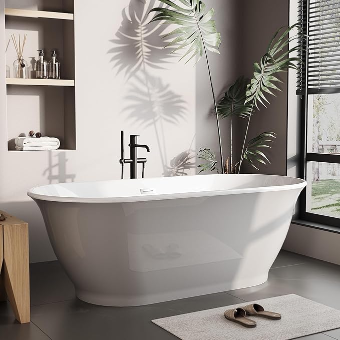 Freestanding Bath Tub 59 Inch Acrylic Oval Soaking Tub – Extra Large Freestanding Bathtub for Home Bathroom, Stand Alone Tub with Integrated Overflow, Modern Soaking Tub for Adults, White Finish