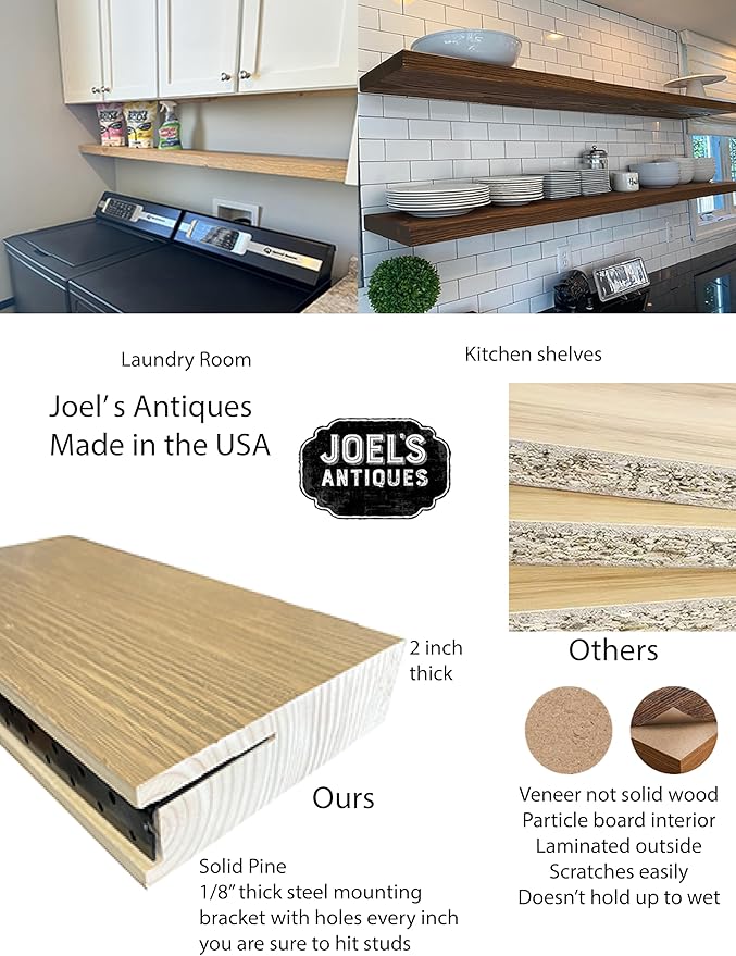 joelsantiques - 60 Inch Wooden Floating Shelves for Wall - 60x10x2 in - Made of Natural Wood - Long Heavy Duty Rustic Wall Shelves for Bedroom - Perfect for Living Room, Kitchen - Mocha