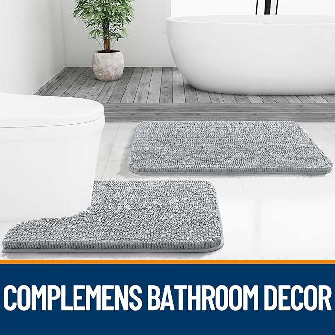 OLANLY Bathroom Rugs 59x35, Extra Soft Absorbent Chenille Bath Rugs, Rubber Backing Quick Dry, Machine Washable Bath Mats for Bathroom Floor, Tub and Shower, Home Decor Accessories, Light Grey