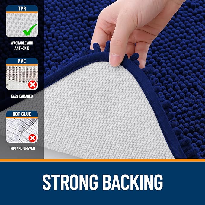 OLANLY Bathroom Rugs Sets 2 Piece, Soft Absorbent Chenille Bath Mats and U-Shaped Contour Toilet Mat Area Rug Set, Machine Washable Bath Carpet, Home Decor Accessories(24"x16"+24"x20", Navy)