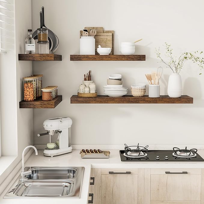 Vivelove 12" Deep Floating Shelves 47.2" Long, Wall Shelves for Living Room Bedroom Bathroom Kitchen Laundry Room, Farmhouse Rustic Shelves for Home Decor, 47.2" X 12" X 2" Set of 2, Rustic Brown