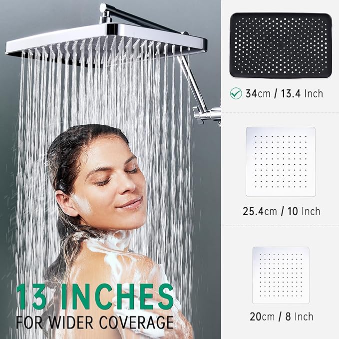 Shower Heads with Handheld Spray Combo, 13 Inches Rain Shower Head with 4 Mode Handheld Wand, and 13 Inches Adjustable Extension Arm, 3 Way Diverter Valve, Extra Long Hose (Chrome)