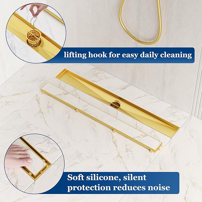Neodrain 30-Inch Gold Linear Shower Drain with Tile Insert Cover, Golden 304 Stainless Steel Rectangle Shower Floor Drain, Linear Drain with Leveling Feet, Hair Strainer,CUPC Certified