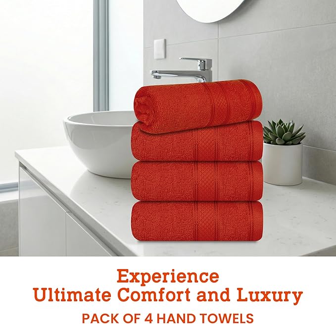 Casa Lino 100% Cotton Hand Towels for Bathroom - Soft, Highly Absorbent & Quick Dry Kitchen Towels - Gym Towel Set - Travel Towel Set - 24" x 16" - Pack of 4 - (Coral Orange)