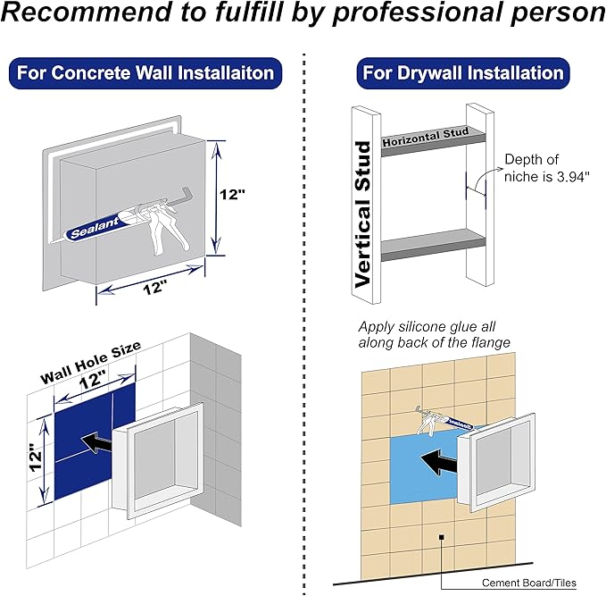 Stainless Steel Shower Niche 12" X 12" Matte Black No Tile Needed Niche Shower Recessed Wall Niches for Bathroom Storage Over Mount Installation