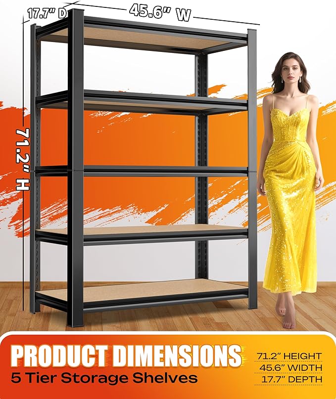 Set of 2 Storage Shelves, 45.6" W Heavy Duty Garage Shelving, 2500LBS Metal Shelf, Adjustable 5-Tier Shelving Unit, for Pantry, Kitchen, Basement, Warehouse, 17.7" Dx45.6 Wx71.2 H, Black
