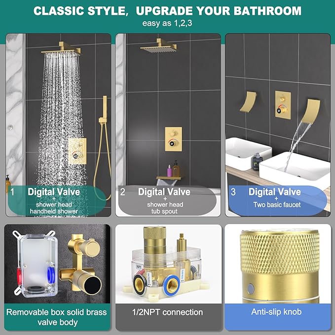 Temperature Display 2 Way Shower Valve Brass Rough-in and Rectangle Trim Kit, Dual Function Digital Shower Mixer Valve, Brushed Gold