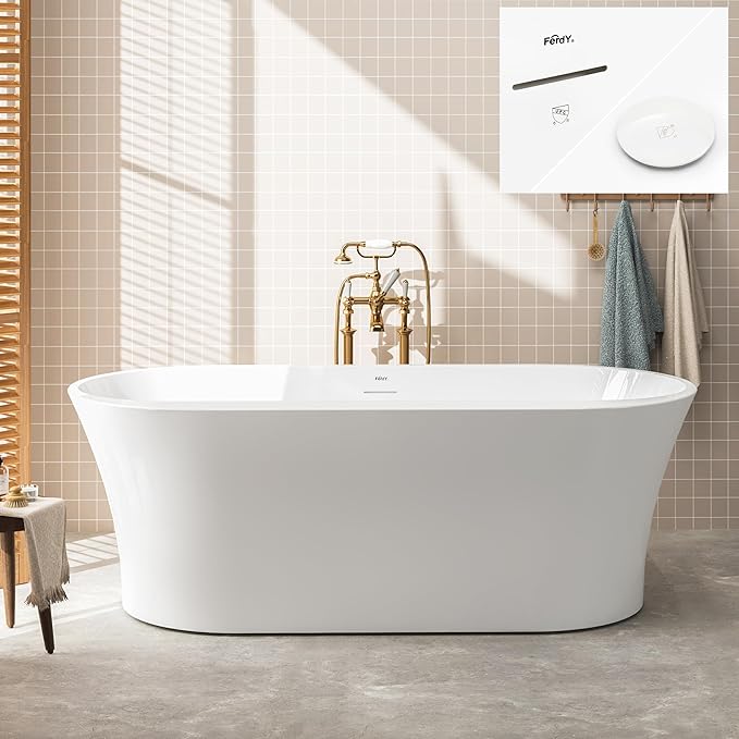 FerdY Mauritius 67" Acrylic Freestanding Tub, Oval Contemporary Soaker Tub, Extra Deep Bathtub,Gloss White Drainage and Minimalist Linear Design Overflow, Modern White, cUPC Certified