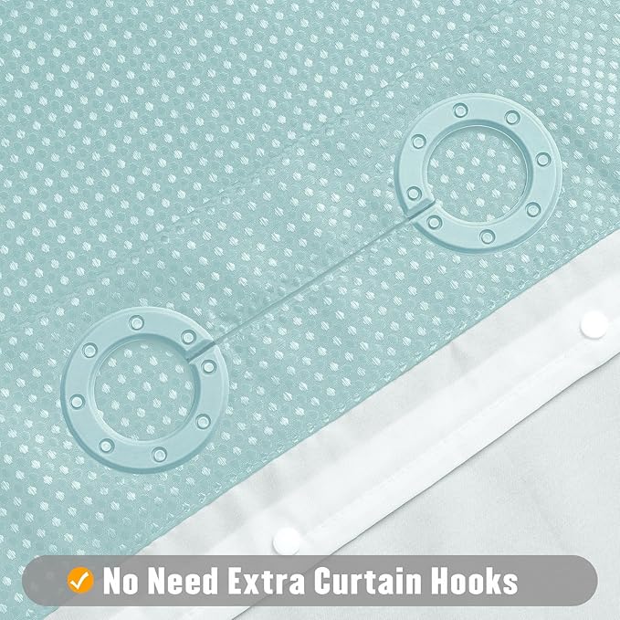 MitoVilla Teal Long Shower Curtain Liner Set 72 x 80, No Hooks Needed 80 inch Long Heavyweight Waffle Fabric Shower Curtain Set with Snap-in Liner for Aqua Hotel Grade Spa-Like Bathroom Decor