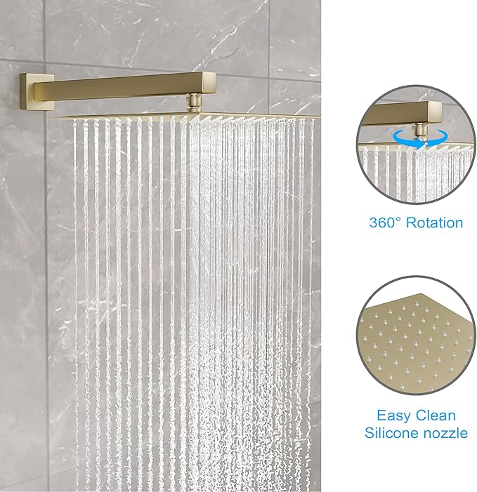 Lordear 12 Inch Rainfall Shower System Wall Mounted Shower Head Faucet Set Gold Brushed Stainless Steel Showerhead with Handheld Combo, Brass Valve Included