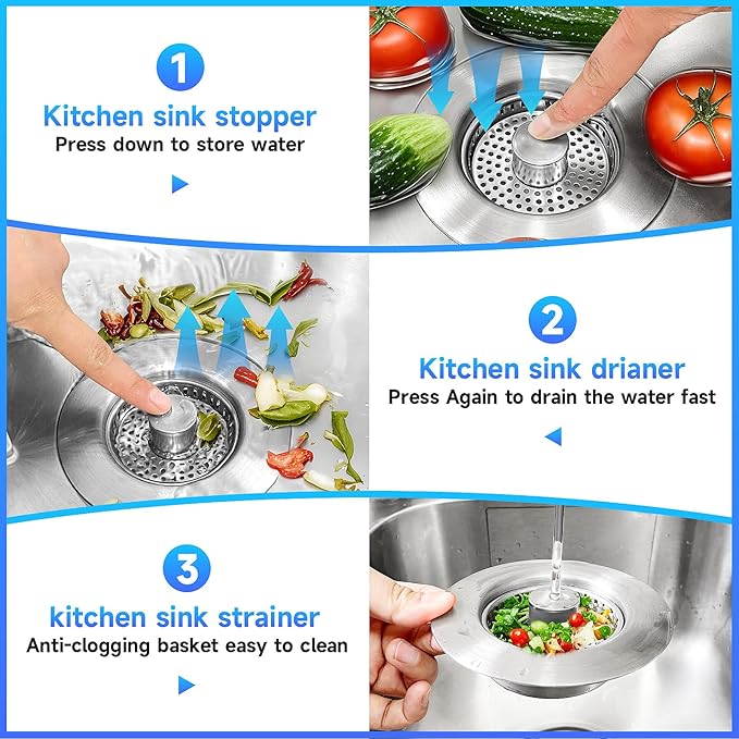 3 in 1 Kitchen Sink Drain Strainer Sink Stopper, Stainless Steel Sink Drain Strainer with Anti-Clogging Basket, Kitchen Sink Drain Filter Plug for US Standard 3-1/2 Inch Drain (1Pack)