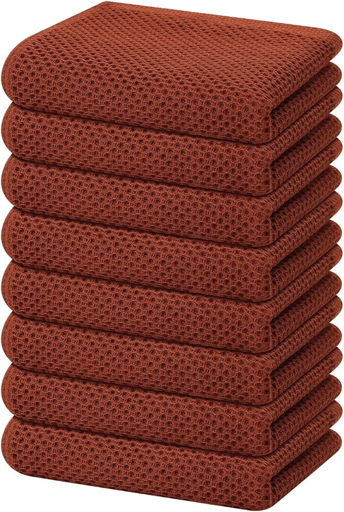 Homaxy 100% Cotton Waffle Weave Kitchen Dish Towels, Ultra Soft Absorbent Quick Drying Cleaning Towel, 13 x 28 Inches, 8-Pack, Rust