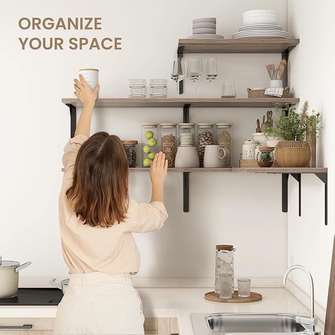 Fun Memories Floating Shelves for Wall, 12 Inch Deep Floating Shelves Set of 2, Wall Mounted Shelf with Metal Brackets, Rustic Wood Wide Shelf for Bathroom, Kitchen and Living Room, Grey, 32W x 12D