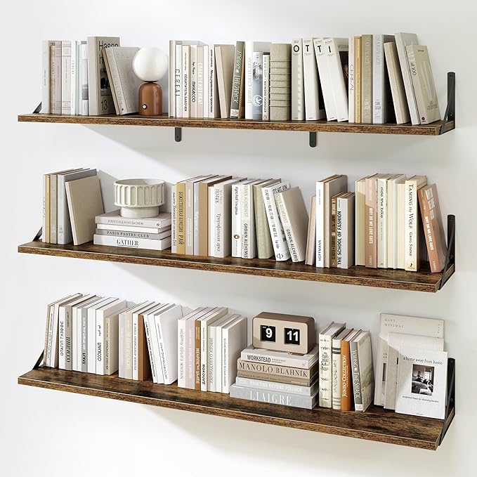 Fun Memories Extra Long Floating Wall Shelves, 48 x 8 Inches, Set of 3 Large Wood Floating Bookshelves with Metal Brackets for Storage & Display (Rustic Brown)
