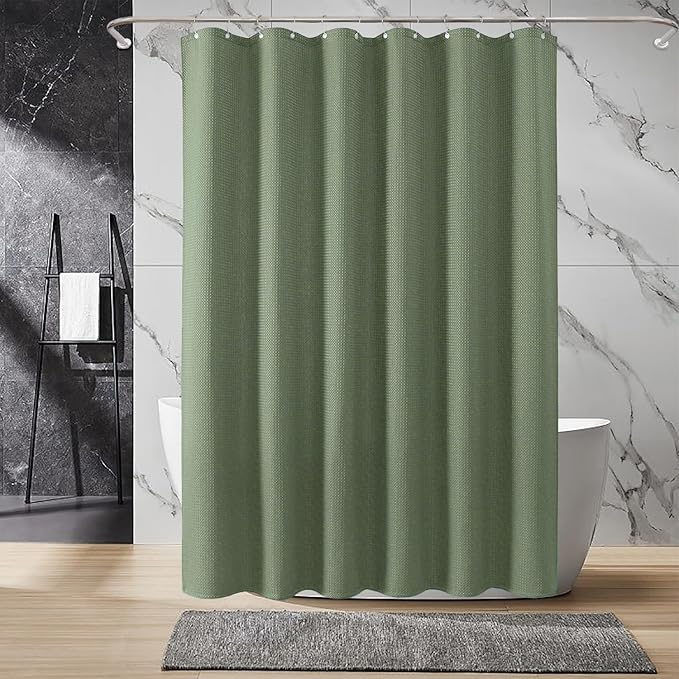 Inhousolu Fabric Shower Curtain Waffle Weave, Sage Green 230 GSM Heavy Duty, Weighted Hem, 14 Metal Hooks, Water Repellent, Machine Washable, Hotel Spa Luxury Bath Curtain Set, 72 x 78 Inch
