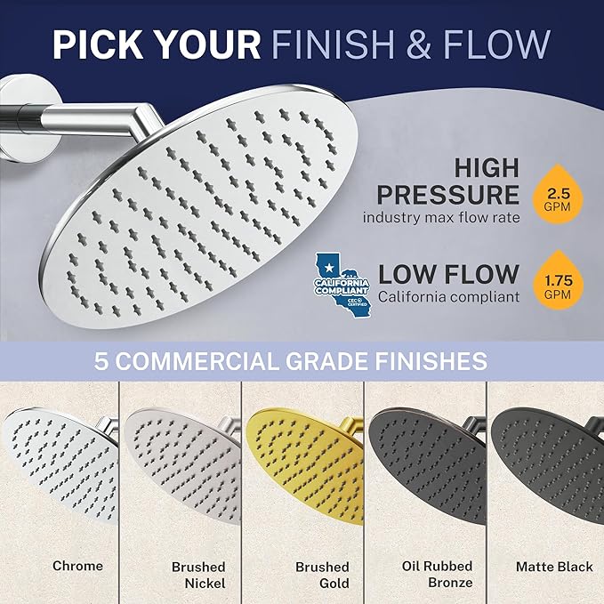 HammerHead Showers Solid Metal Round 8 Inch Rainfall Shower Head, High Flow Shower Head Optimized for Pressure, Brushed Gold, 1.75 GPM