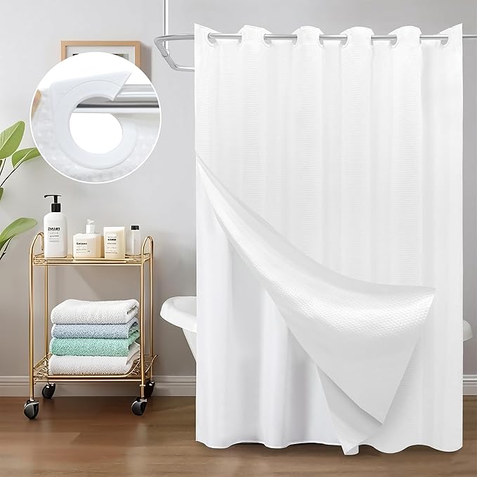 Inhousolu No Hook Waffle Weave Shower Curtain with Removable Snap in Fabric Liner Set for Bathroom, 230 GSM Heavy Duty Weighted Hem, Water Repellent Washable Bath Curtains, 36 x 72 Inch, White
