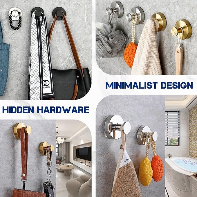 Removable & Reusable Suction Cup Hooks for Shower, Heavy Duty No-Drill Cup Hooks for Towels, Robes, Loofah–Wreath Hangers for Front Doors,Doors & Smooth Surfaces (Gold, 4 Pack)