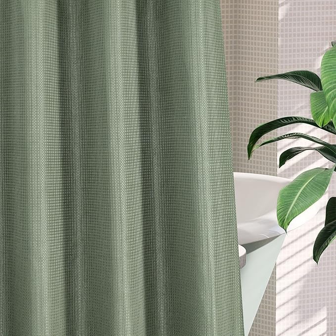 MitoVilla No Hooks Needed Extra Long Shower Curtain Liner Set, Sage Green 86 inch XL Waffle Fabric Shower Curtains Set with Snap-in Liner for Luxury Hotel Grade & Spa-Like Bathroom Decor