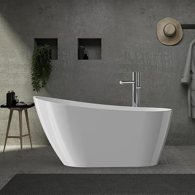 59" Acrylic Soaking Bathtub, Deep Modern Tub with Non-Slip Base, CUPC Certified, Space-Saving Bath with Chrome Drain and Overflow, Easy Install for Small Bathrooms, White