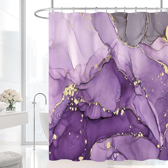Purple Marble Shower Curtain 60x72, Modern Abstract Fabric Shower Curtains for Bathroom, Luxury Art Ink Texture Watercolor Cloth Shower Curtain Set with Hooks