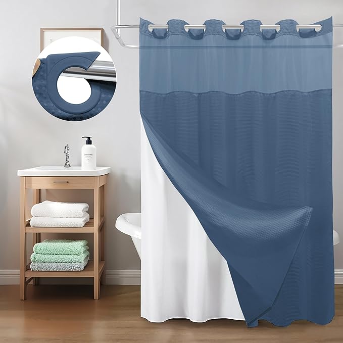 Inhousolu Long No Hook Shower Curtain with Snap in Fabric Liner Set Waffle Weave 230GSM Weighted Hem, Waterproof & Washable Bathroom Curtain Spa Luxury with Mesh Top Window 72"W x 78"L Moonlight Blue